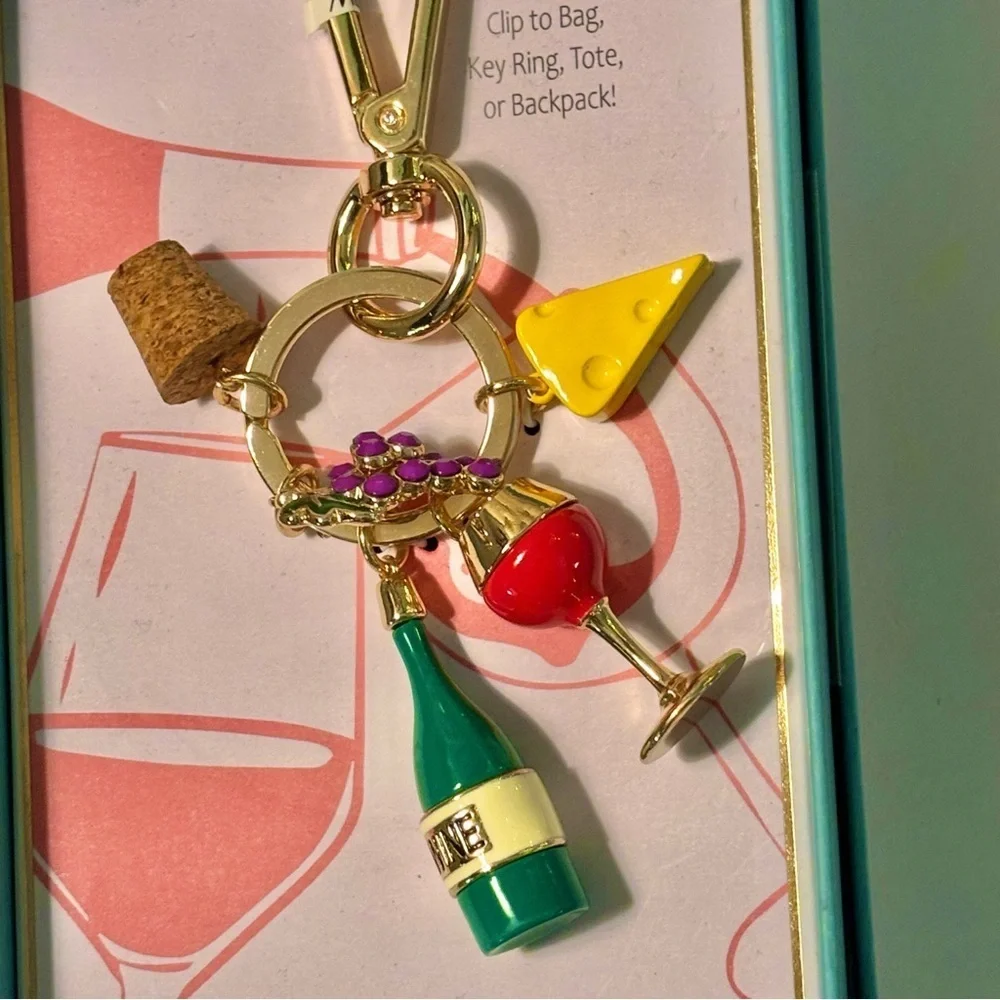 Wine & Cheese Charm Keychain - Gold Hardware with Green, Red, Yellow Accents